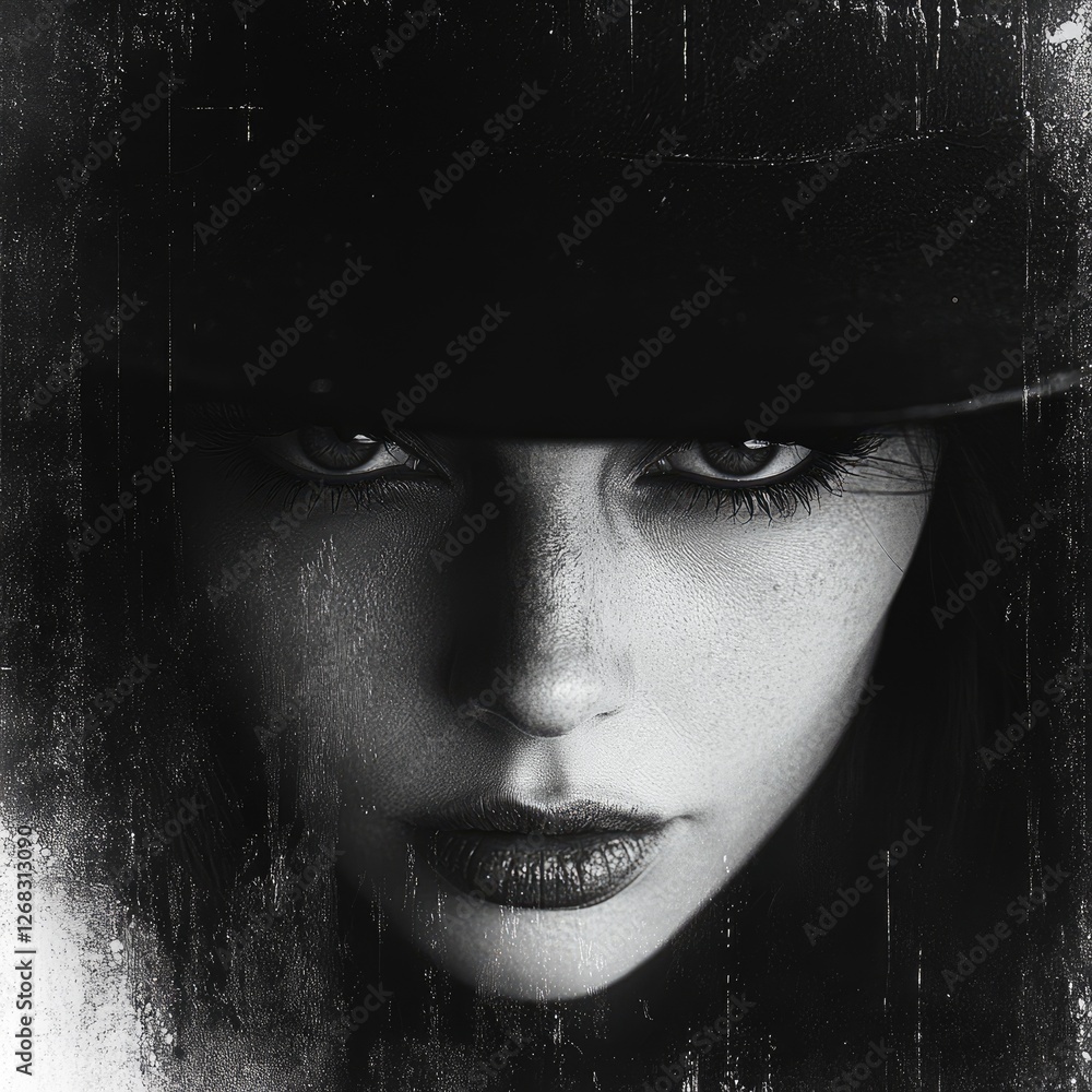 Mysterious woman in a dark hat gazes intensely, surrounded by an abstract, moody background Mysterious woman in a dark hat gazes intensely, surrounded by an abstract, moody background