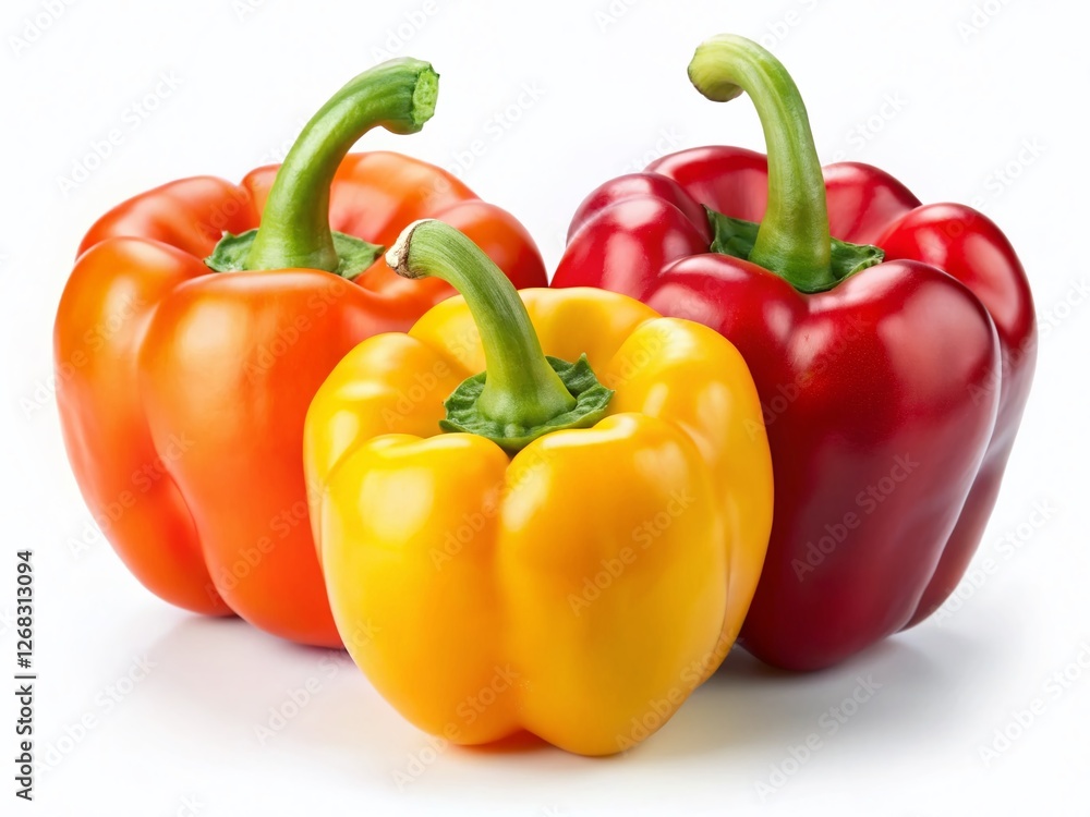 Vibrant Red, Yellow & Orange Bell Peppers Isolated on White Background - Fresh Produce Stock Photo Vibrant Red, Yellow & Orange Bell Peppers Isolated on White Background - Fresh Produce Stock Photo