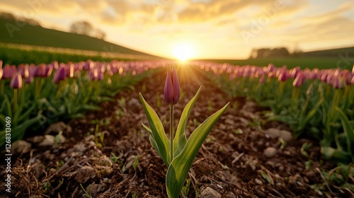 Sunrise Tulip Field  Blooming Flowers  Spring Dawn  Nature Scenery