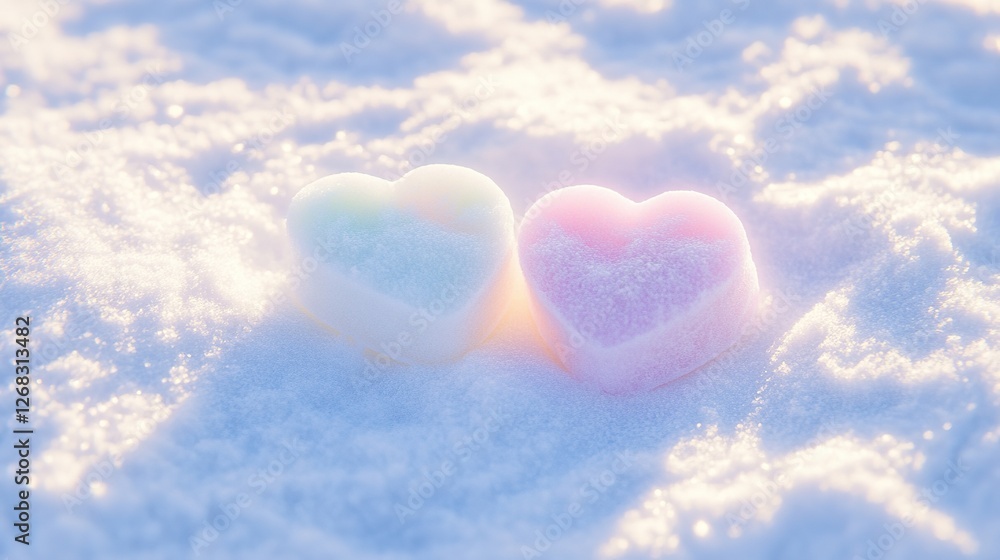 Fototapeta premium Two heart-shaped candies nestled in pristine white snow, symbolizing love and sweetness in a serene winter setting.