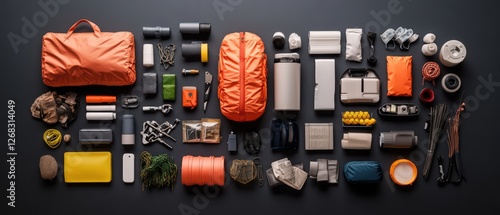 Top view of emergency preparedness items arranged on a black surface for natural disaster situations photo