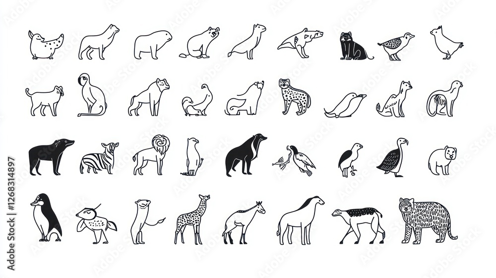 Fototapeta premium Animal silhouettes, diverse species, white background, icon set, perfect for illustrations