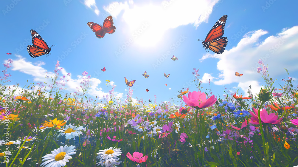 Butterflies Dance in Blooming Field: Capturing a vibrant meadow bursting with colorful wildflowers, under a radiant sun-drenched sky, as butterflies dance through the air. Butterflies Dance in Blooming Field: Capturing a vibrant meadow bursting with colorful wildflowers, under a radiant sun-drenched sky, as butterflies dance through the air.