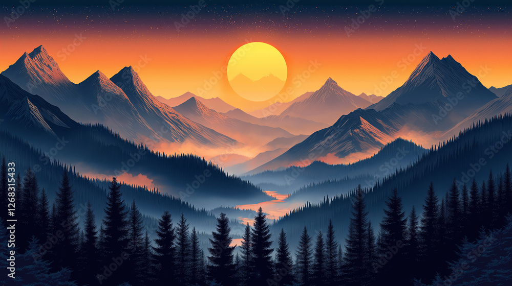 Obraz premium A breathtaking sunset over a majestic mountain range, casting golden light over misty valleys and dense forests, creating a serene and timeless landscape.