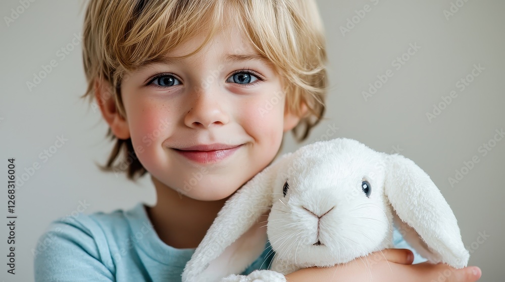 Young Child Smiling with Soft White Bunny Toy in Neutral Background Young Child Smiling with Soft White Bunny Toy in Neutral Background