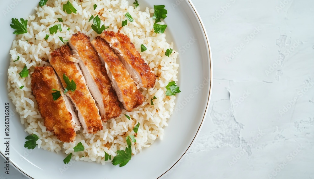 Crispy chicken katsu slice and rice with parsley for lunch or dinner real food Crispy chicken katsu slice and rice with parsley for lunch or dinner real food