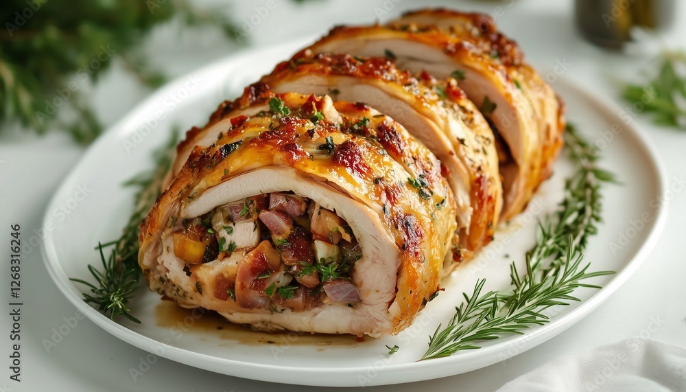 Chicken stuffed breast with vegetable toast wrapped meal on white plate Chicken stuffed breast with vegetable toast wrapped meal on white plate