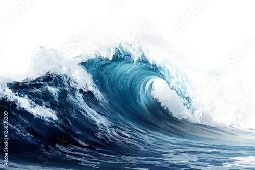 Ocean wave curling, crashing, white background, nature, design photo