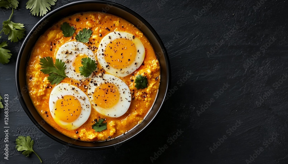 Egg boiled curry with turmeric seasoning cream and spicy on black bowl Egg boiled curry with turmeric seasoning cream and spicy on black bowl