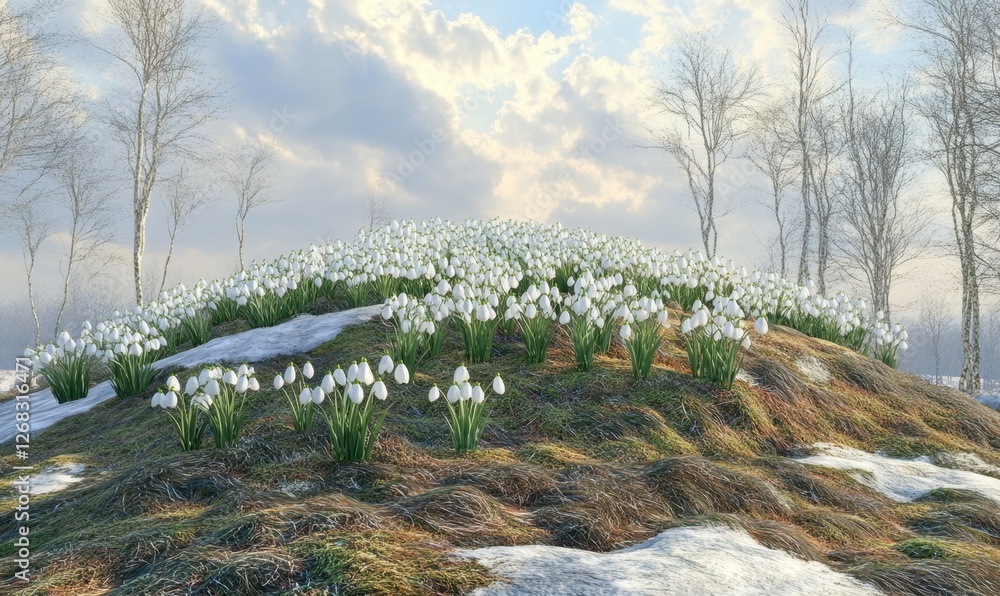 Naklejka premium A serene winter landscape featuring a hill covered in blooming snowdrops under a cloudy sky