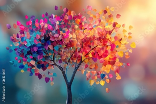 Fototapeta Naklejka Na Ścianę i Meble -  Elegant colorful tree with vibrant leaves hanging branches. 3d abstraction wallpaper