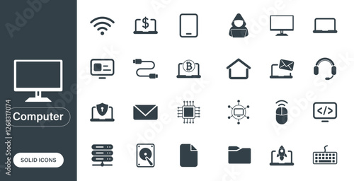 Solid vector icons on computer, technology, peripherals, storage.