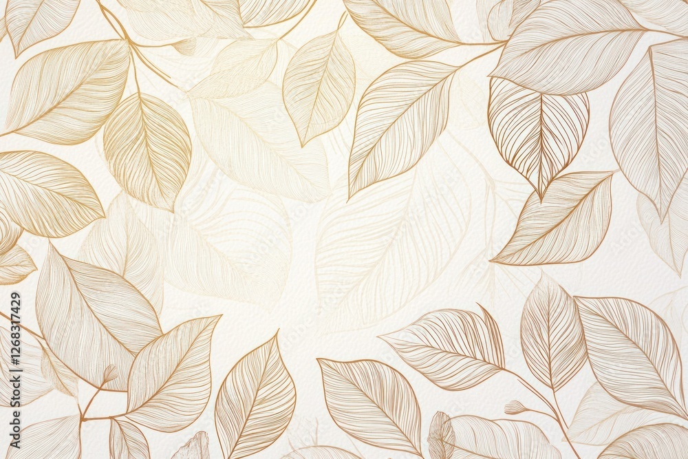 Obraz premium Elegant vector wallpaper with intricate gold leaves drawn in line art style over a soft textured natural backdrop, exuding a luxurious vibe.
