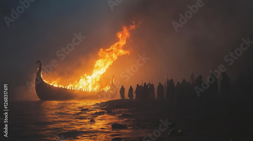 A Viking Funeral Ritual as a Burning Ship Sails Into the Darkness Over a Foggy Sea