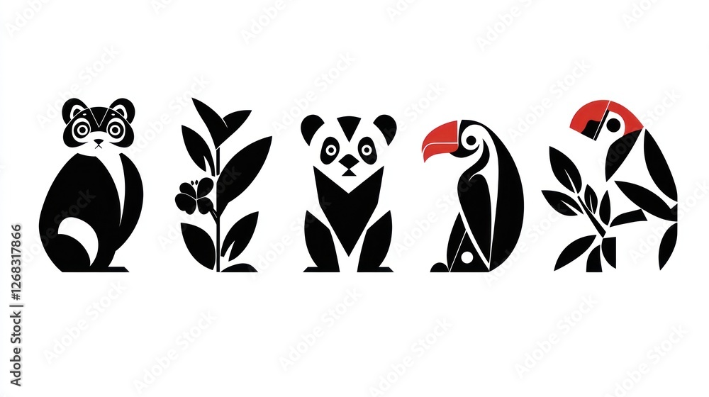 Fototapeta premium Geometric animal icons panda, red panda, puffin, plants. Nature design
