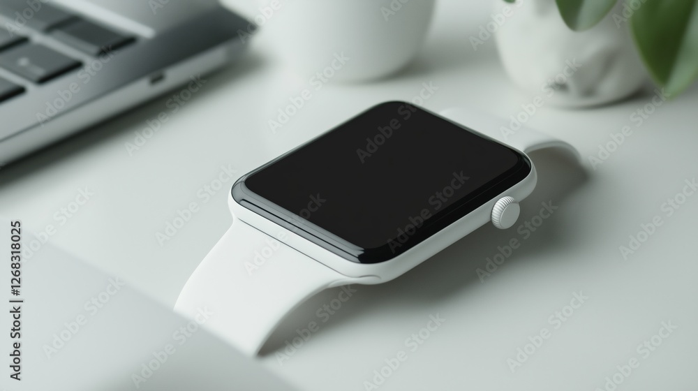 Silver Smartwatch With White Band On White Desk Silver Smartwatch With White Band On White Desk