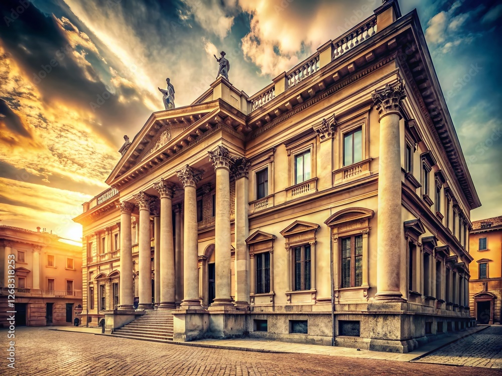 Obraz premium Vintage Milano Neoclassical Architecture: Elegant Building Facade in Sepia Tone