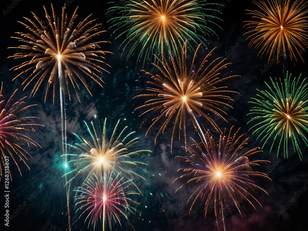Fireworks burst in the sky, creating a mesmerizing and festive atmosphere. Fireworks burst in the sky, creating a mesmerizing and festive atmosphere.