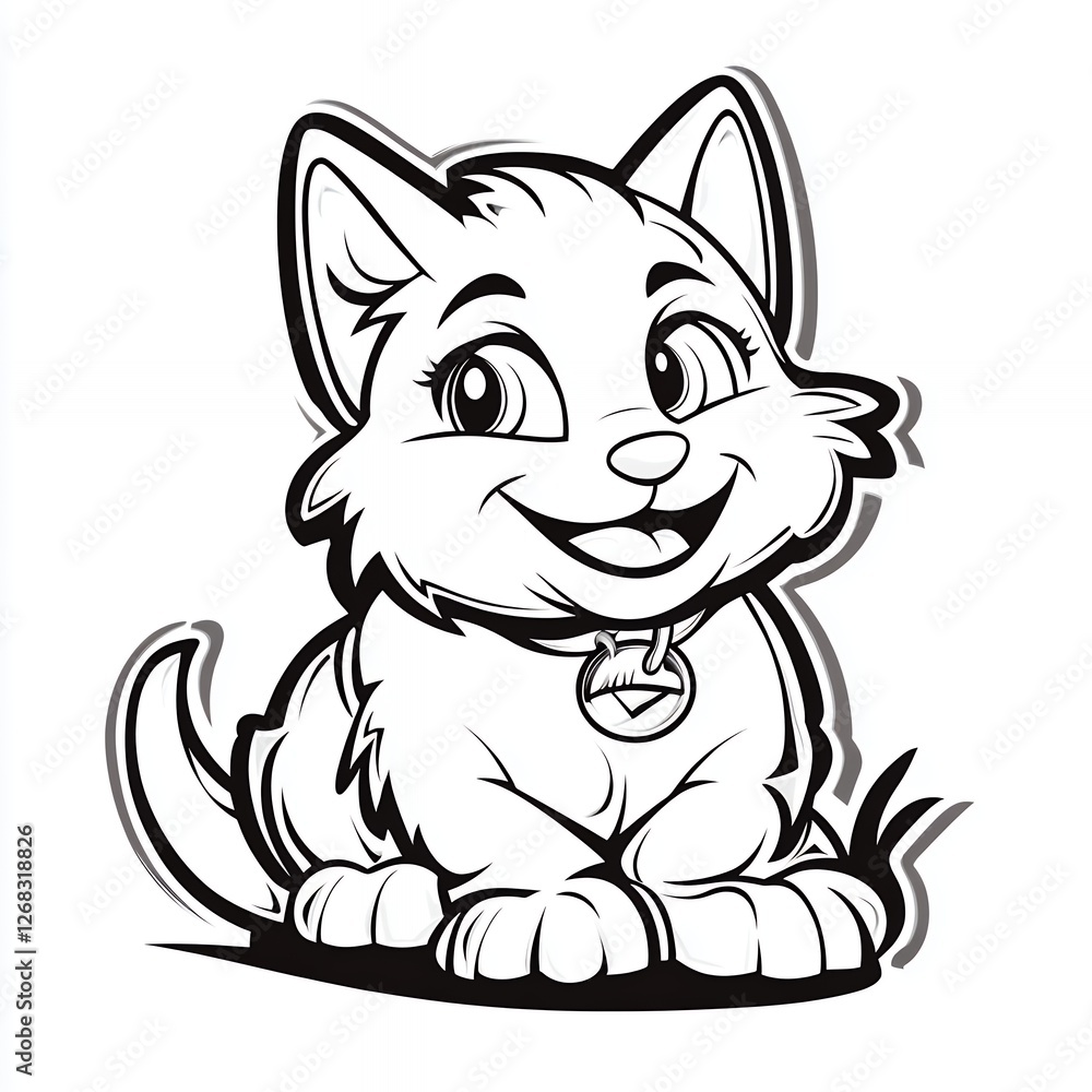 Cheerful Cartoon Cat Character Sitting on Grass with Playful Expression Cheerful Cartoon Cat Character Sitting on Grass with Playful Expression