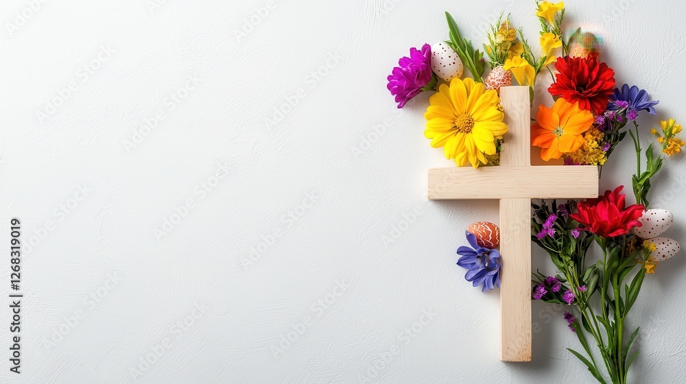 Fototapeta premium Wooden Cross Surrounded by Colorful Spring Flowers and Eggs