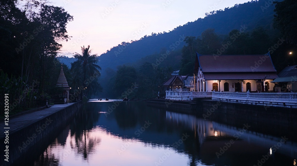 Fototapeta premium Serene twilight at a temple by a calm river reflecting the mountain and buildings.