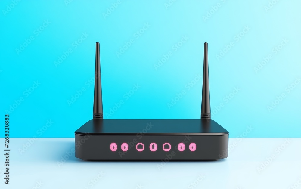 Modern black router with pink accents on blue background Modern black router with pink accents on blue background