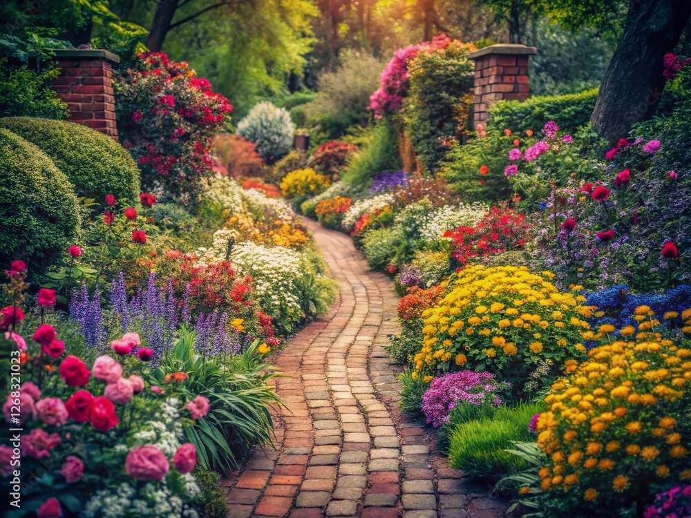 Obraz premium Vintage Spring Garden Path: Intricate Brick Walkway with Blooming Flowers
