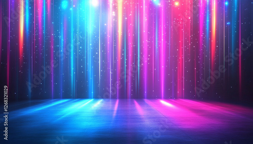 Futuristic Neon Stage with Colorful Light Beams and Starry Glow, Sci-Fi Background