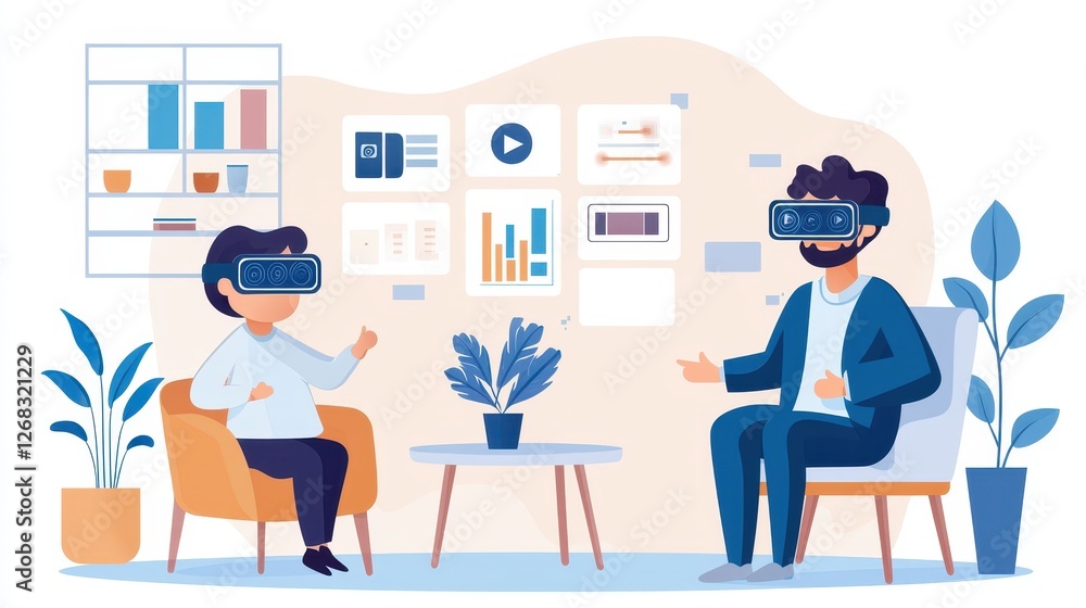 Two people wearing VR headsets engaged in conversation indoors., social media content creator concept Two people wearing VR headsets engaged in conversation indoors., social media content creator concept