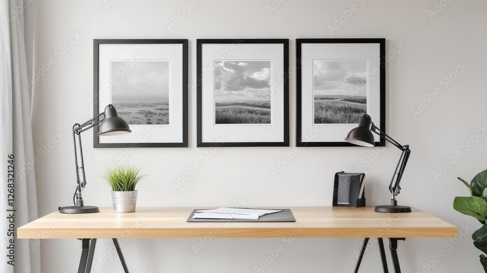 Modern home office desk with framed landscape prints Modern home office desk with framed landscape prints