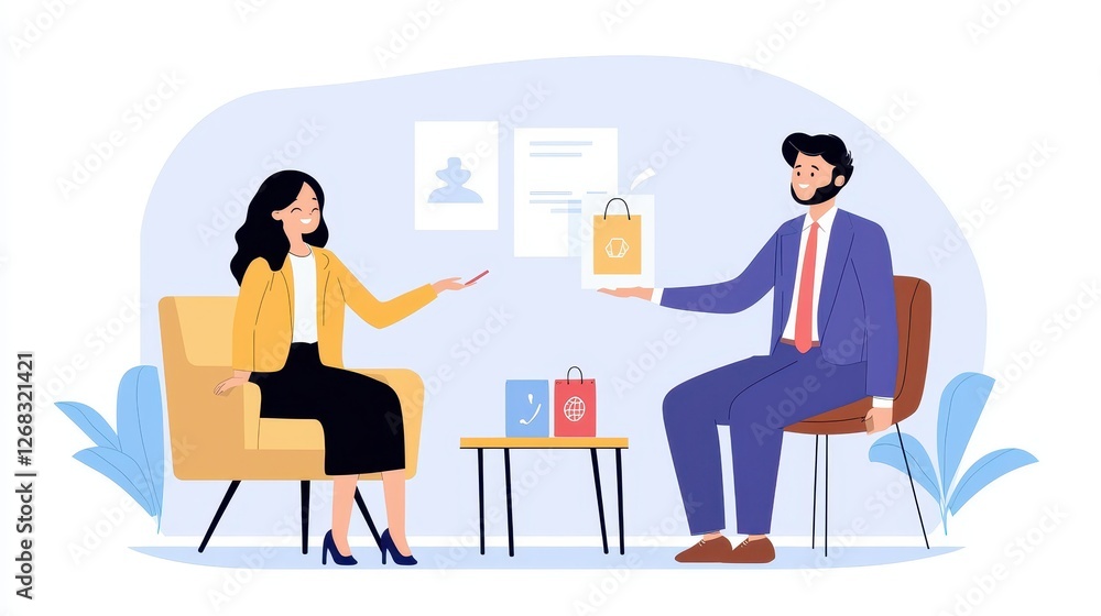 Business meeting with a woman and a man sharing ideas in a modern setting., social media content creator concept Business meeting with a woman and a man sharing ideas in a modern setting., social media content creator concept