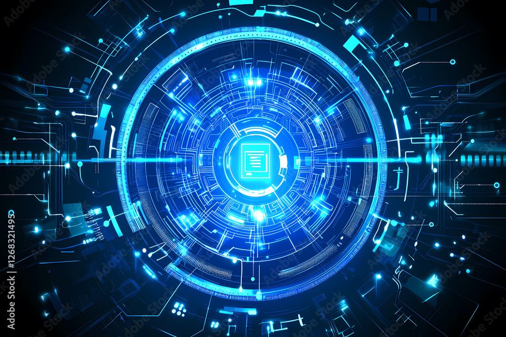 A detailed vector illustration of a futuristic blue circuit board with intricate digital tech elements in a sleek and modern style. A detailed vector illustration of a futuristic blue circuit board with intricate digital tech elements in a sleek and modern style.