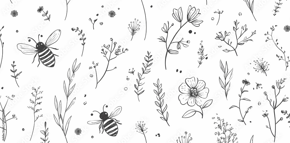 Obraz premium A Whimsical Floral Pattern with Bees: An intricate hand-drawn black and white illustration creates a seamless pattern filled with delicate flowers, lush leaves, and buzzing bees.