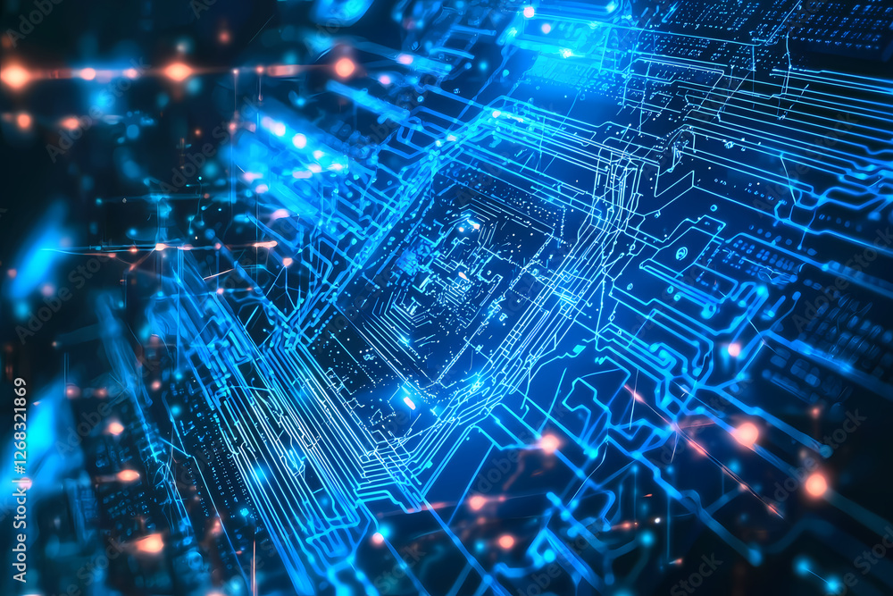 Fototapeta premium An intricate vector illustration of a blue circuit board with futuristic digital tech elements.