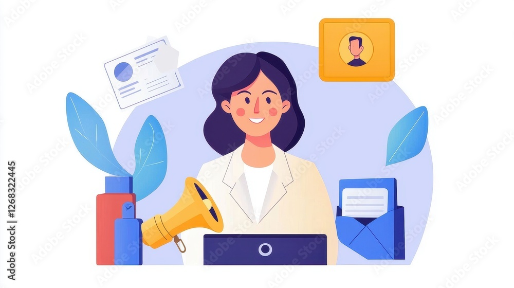 Professional woman with documents and a megaphone in a colorful workspace., social media content creator concept Professional woman with documents and a megaphone in a colorful workspace., social media content creator concept