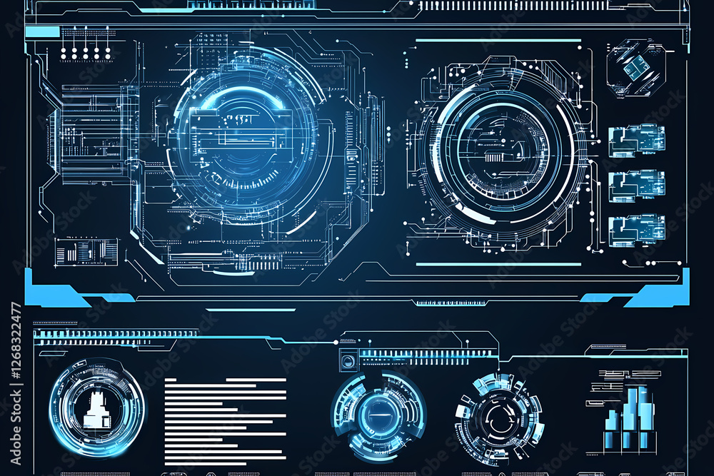 Fototapeta premium An intricate vector illustration of a blue circuit board with futuristic digital tech elements.
