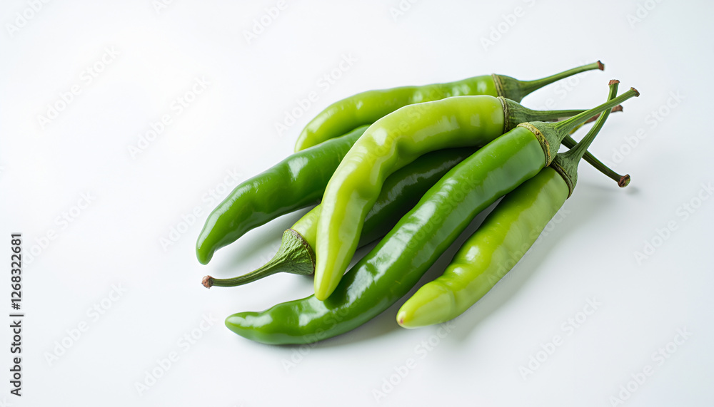 Pile of fresh green chili peppers on white - adds a spicy kick for culinary and food blog content Pile of fresh green chili peppers on white - adds a spicy kick for culinary and food blog content