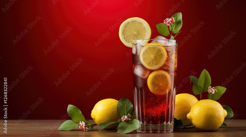A glass of iced tea with lemon slices and lemons on a table. A glass of iced tea with lemon slices and lemons on a table.