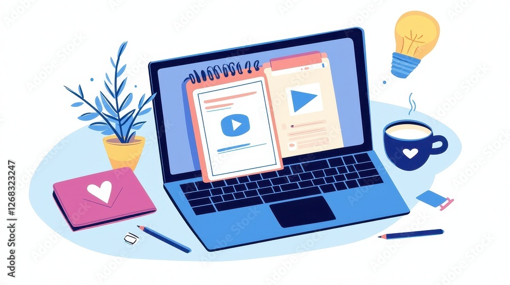 Home office setup with laptop, notes, and coffee cup., social media content creator concept Home office setup with laptop, notes, and coffee cup., social media content creator concept