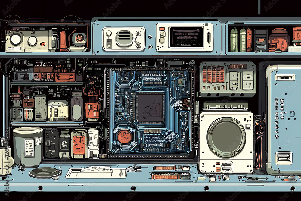 Obraz premium An intricate vector illustration of a blue circuit board with futuristic digital tech elements.