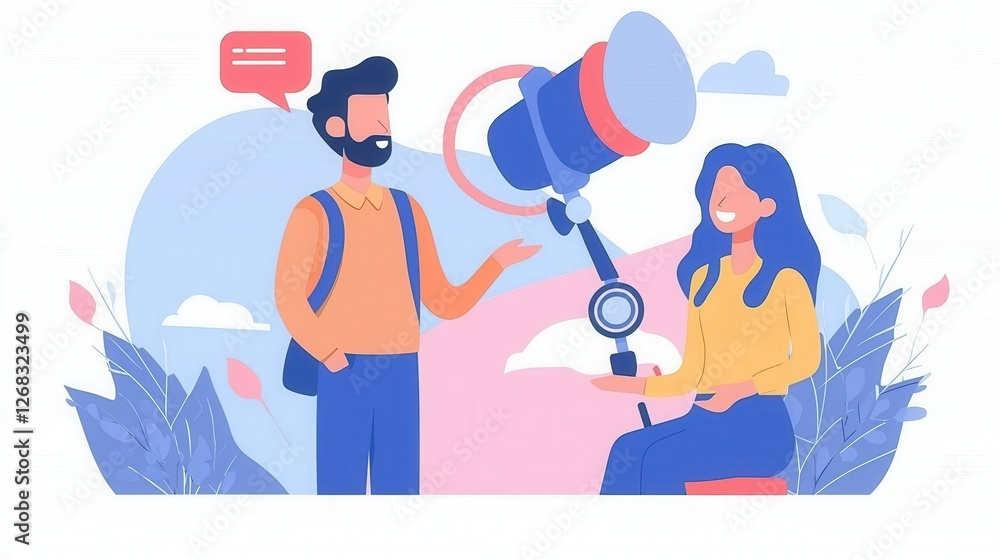 Two people discussing with a telescope in a vibrant outdoor setting., social media content creator concept Two people discussing with a telescope in a vibrant outdoor setting., social media content creator concept