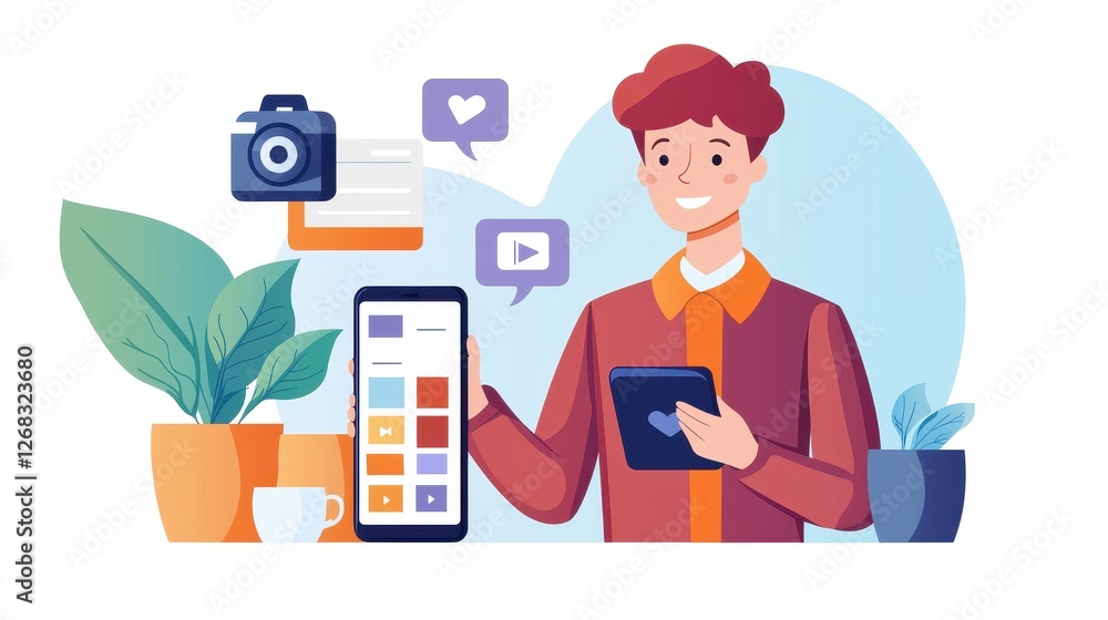 Obraz premium A person engaging with a smartphone and digital content in a vibrant setting., social media content creator concept