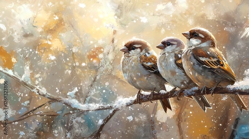 Three sparrows on a snowy branch in a winter scene. photo