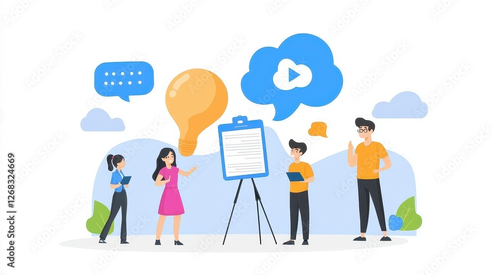 Team collaboration with speech bubbles and a presentation board outdoors., social media content creator concept Team collaboration with speech bubbles and a presentation board outdoors., social media content creator concept