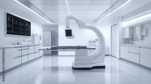 Modern sterile medical room with C-arm machine and examination table.