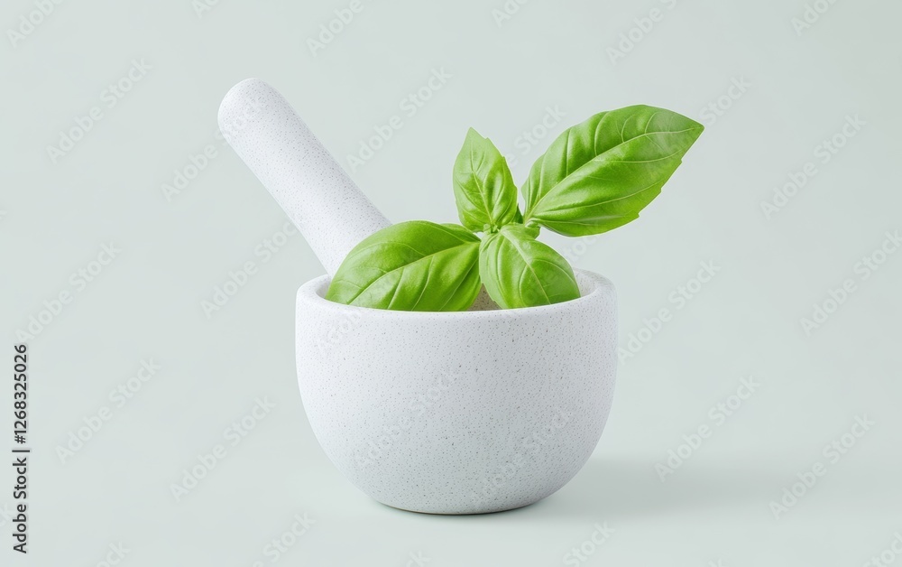 Fresh Basil Leaves in Minimalist Mortar and Pestle Fresh Basil Leaves in Minimalist Mortar and Pestle