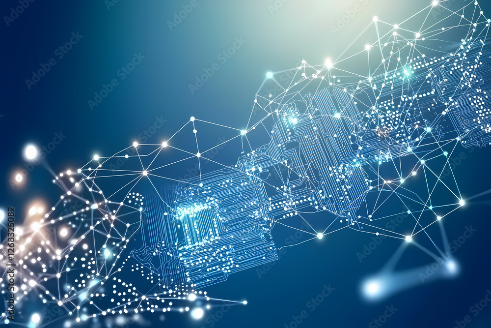 An intricate vector illustration of a blue circuit board with futuristic digital tech elements.