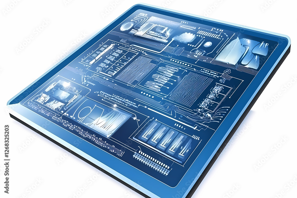 An intricate vector illustration of a blue circuit board with futuristic digital tech elements. An intricate vector illustration of a blue circuit board with futuristic digital tech elements.