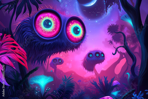 Cute yet eerie alien creatures with huge glowing eyes in a surreal jungle under a cosmic sky. photo