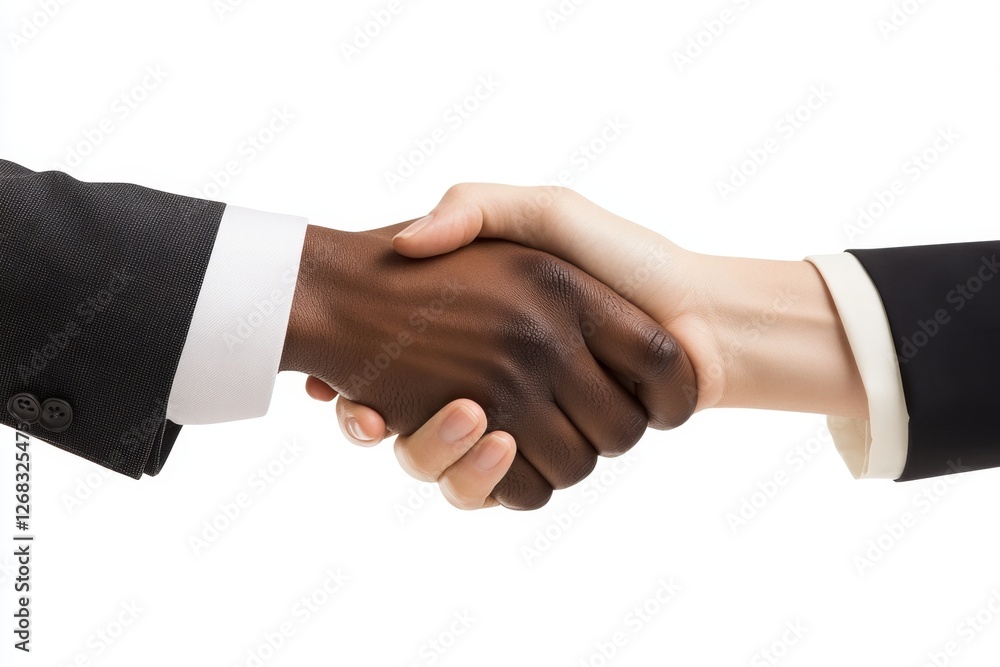 Diverse hands shaking, agreement, studio, white background, deal Diverse hands shaking, agreement, studio, white background, deal